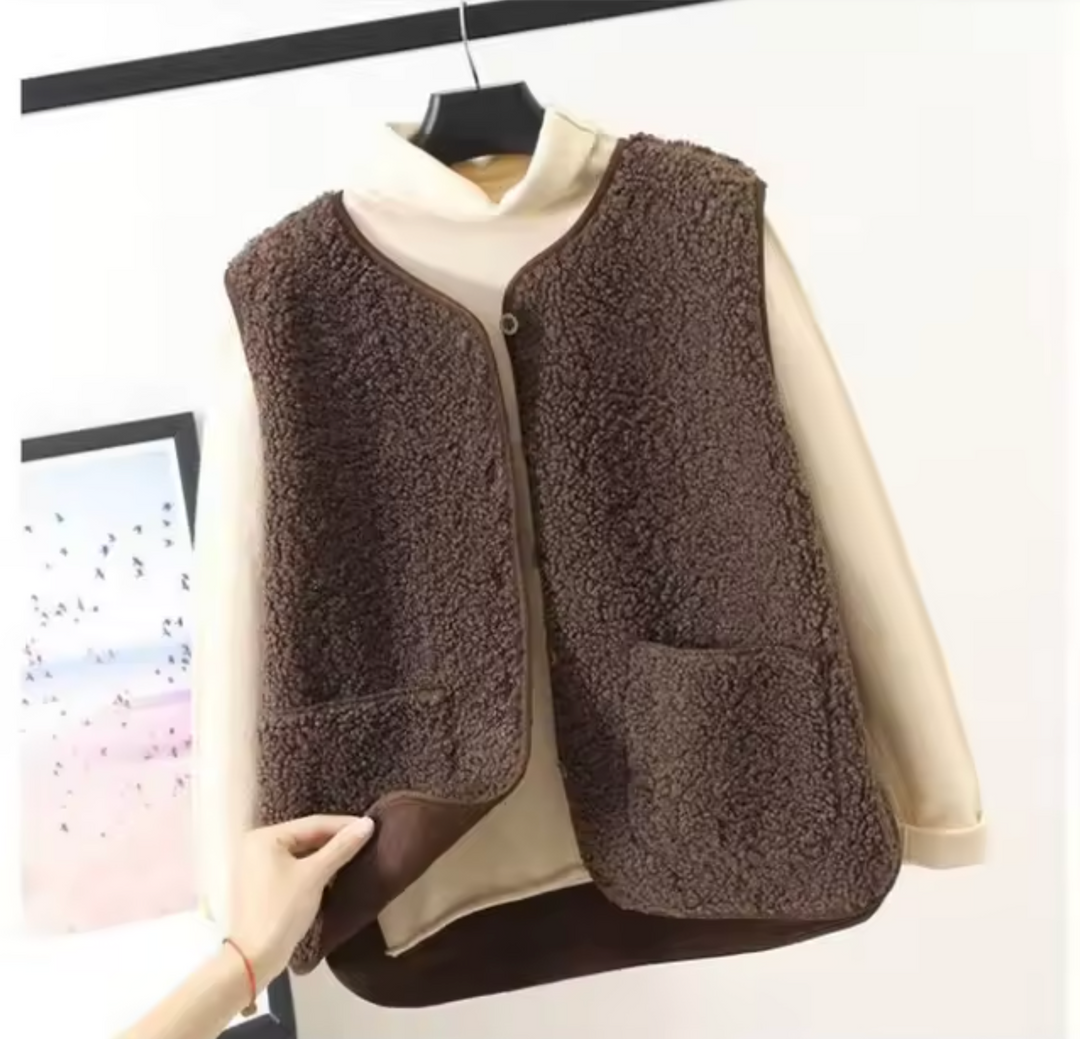 Wynnie sherpa fleece vest in brown, front view with button closure and pocket detail
