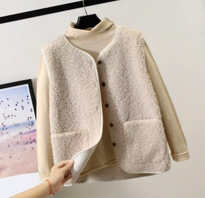 Wynnie sherpa fleece vest in cream, front view with buttons and pockets