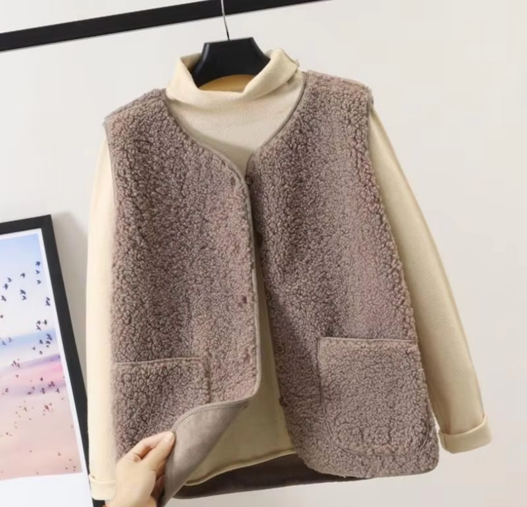 Wynnie sherpa fleece vest in cream, front view with buttons and pockets