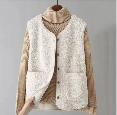Wynnie sherpa fleece vest in cream, front view with buttons and pockets